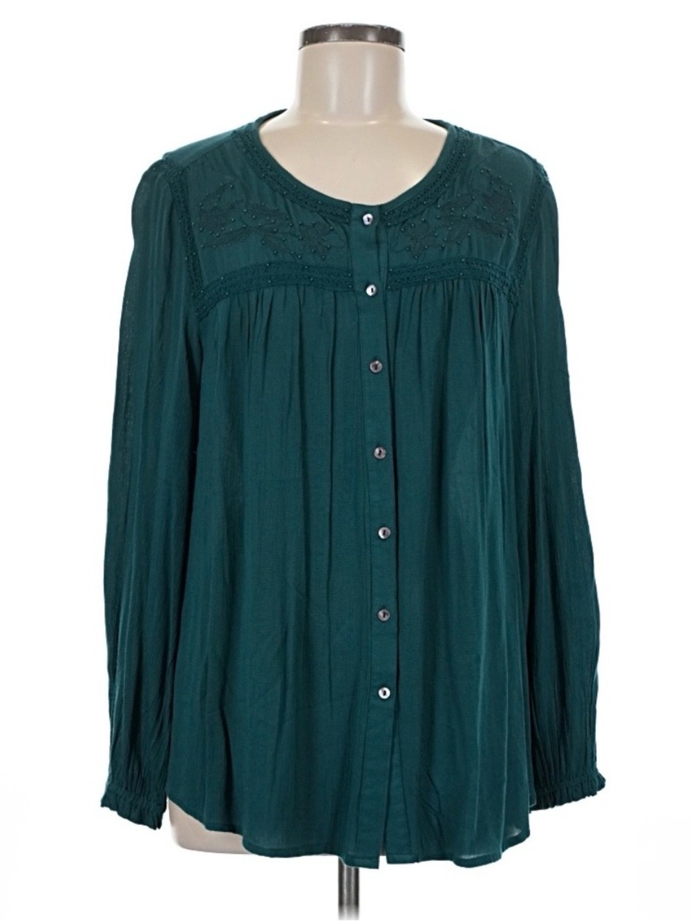 Women's Teal Button-Front Embroidered Blouse